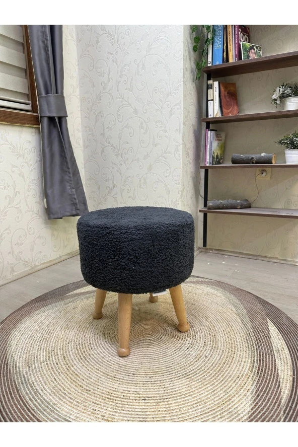 Asedia Miskin Naturel Teddy Antrasit Ahşap Ayaklı Peluş Puf Makyaj Koltuğu Yuvarlak Tabure - Resim 2