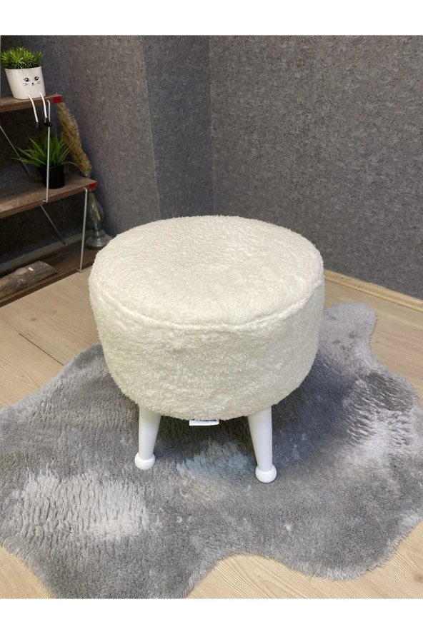 Asedia Miskin Lake Teddy Krem Ahşap Ayaklı Peluş Puf Makyaj Koltuğu Yuvarlak Tabure - Resim 2
