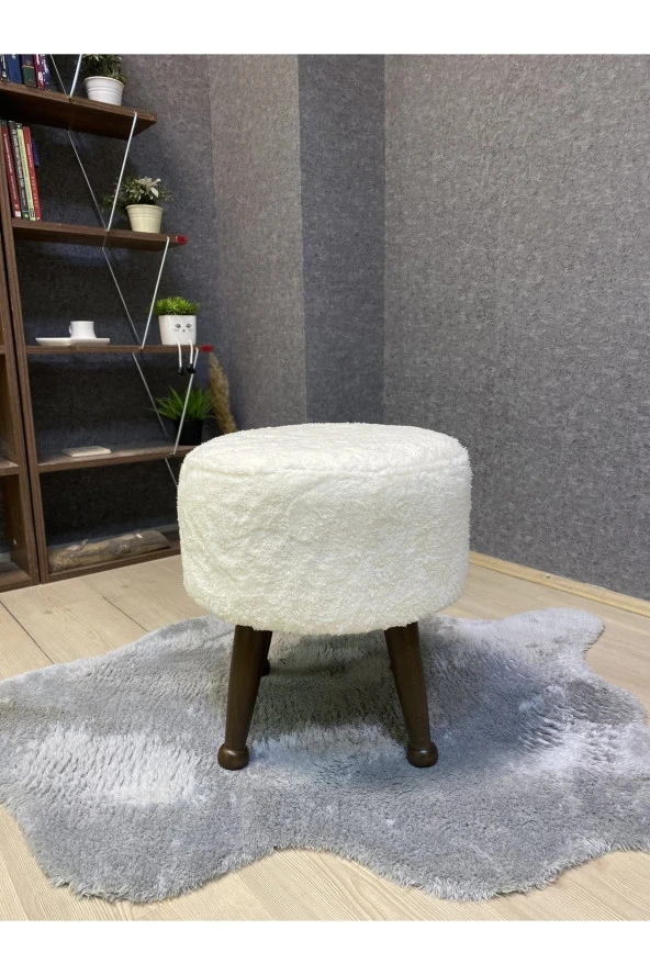 Asedia Miskin Ceviz Teddy Krem Ahşap Ayaklı Peluş Puf Makyaj Koltuğu Yuvarlak Tabure - Resim 3