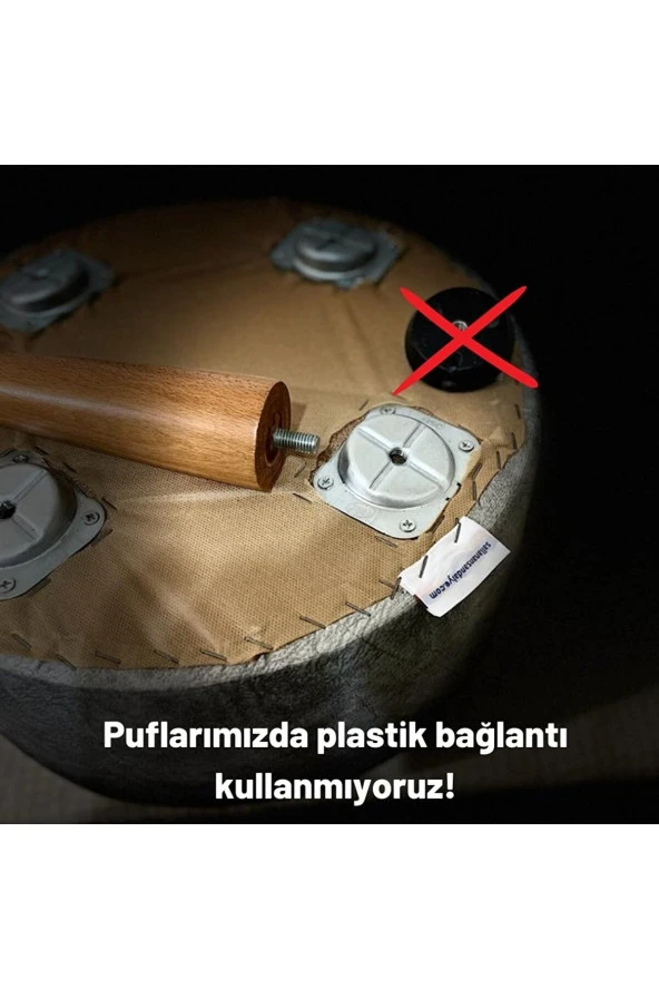 Asedia Miskin Ceviz Teddy Krem Ahşap Ayaklı Peluş Puf Makyaj Koltuğu Yuvarlak Tabure - Resim 5