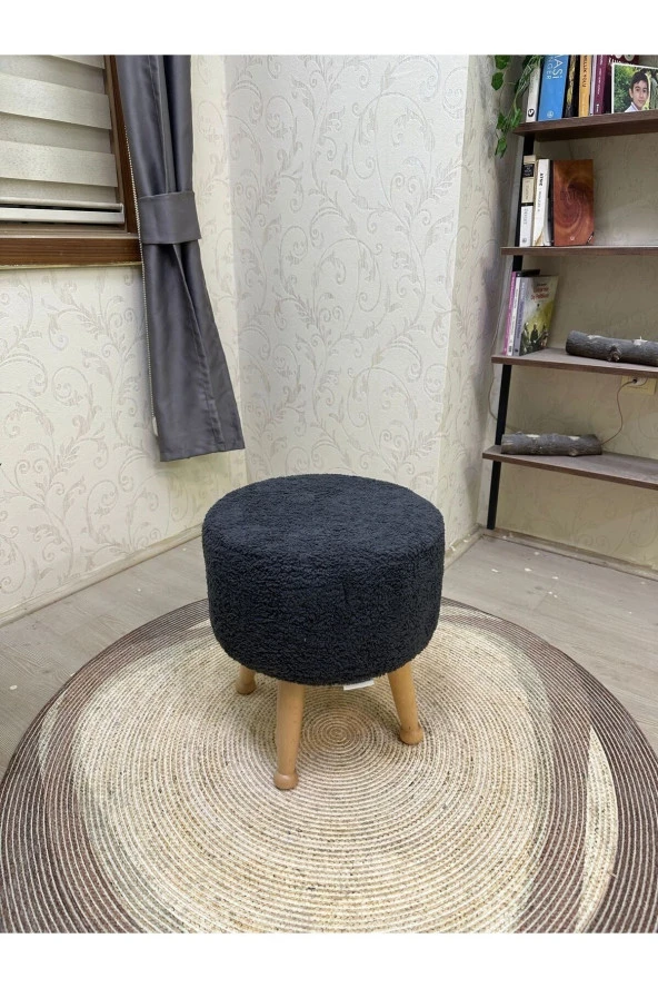 Asedia Miskin Naturel Teddy Antrasit Ahşap Ayaklı Peluş Puf Makyaj Koltuğu Yuvarlak Tabure - Resim 3