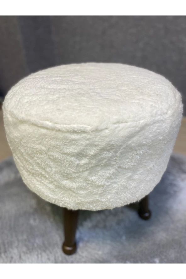 Asedia Miskin Ceviz Teddy Krem Ahşap Ayaklı Peluş Puf Makyaj Koltuğu Yuvarlak Tabure - Resim 4