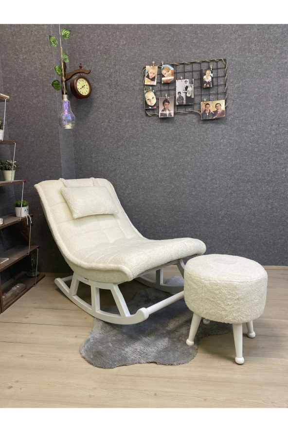 Miskin Lake Teddy Krem Sallanan Sandalye Dinlenme Emzirme Baba Tv Okuma Uzanma Koltuğu Berjer - Resim 2