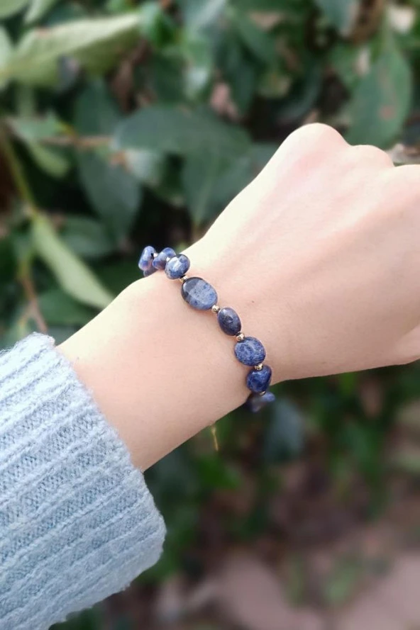 Bileklik Doğal Sodalit Taşı 316L Kararmaz Çelik Hakiki Boncuklu Kadın Erkek Bilezik - 3