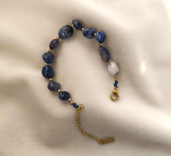 Bileklik Doğal Sodalit Taşı 316L Kararmaz Çelik Hakiki Boncuklu Kadın Erkek Bilezik - 7