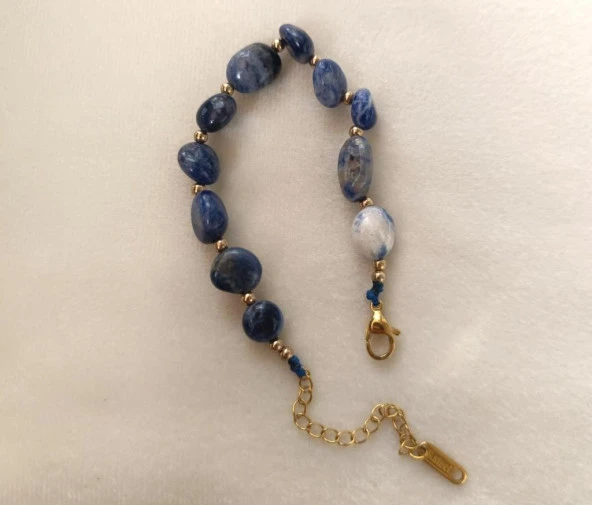 Bileklik Doğal Sodalit Taşı 316L Kararmaz Çelik Hakiki Boncuklu Kadın Erkek Bilezik - 8