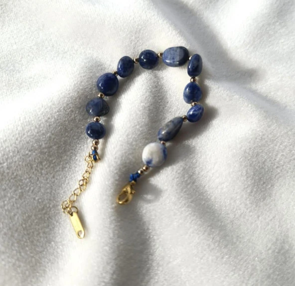 Bileklik Doğal Sodalit Taşı 316L Kararmaz Çelik Hakiki Boncuklu Kadın Erkek Bilezik - 9