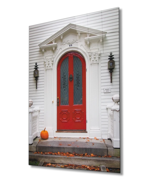 Üçgen Çatılı Kırmızı  Kemerli  Kapı Görselli Dikey Cam Tablo