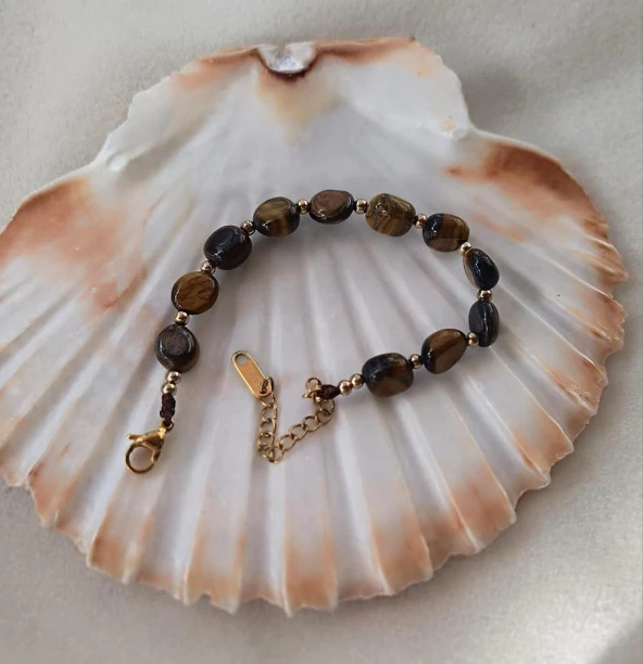 Bileklik Doğal Kaplan Gözü Taşı 316L Kararmaz Çelik Hakiki Boncuklu Kadın Erkek Bilezik - 8