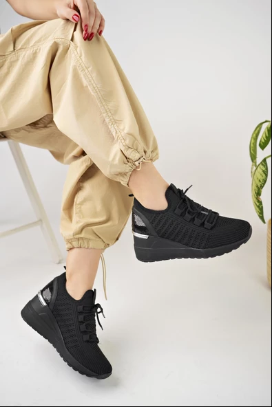 Muggo TYRA Garantili Kadın Ortopedik Yüksek Taban Günlük Bağcıklı Triko Sneaker Spor Ayakkabı - 7