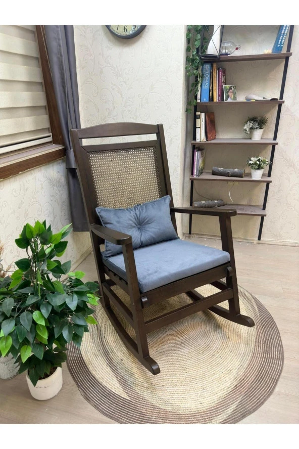 Asedia Veranda Ceviz Antrasit Minderli Hasırlı Sallanan Sandalye Hazeranlı Dinlenme Koltuğu - Resim 2