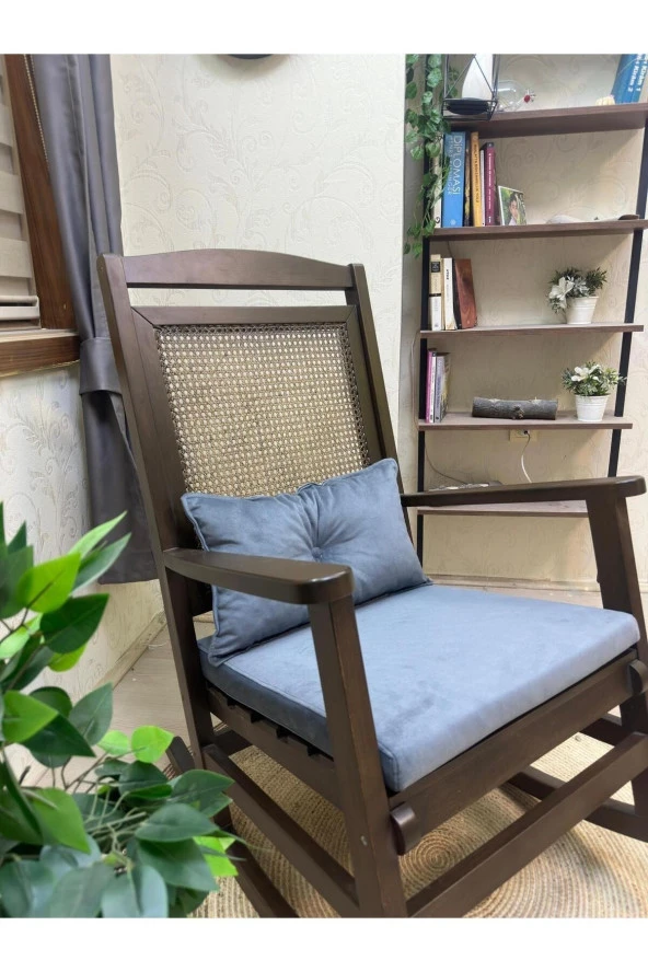 Asedia Veranda Ceviz Antrasit Minderli Hasırlı Sallanan Sandalye Hazeranlı Dinlenme Koltuğu - Resim 3