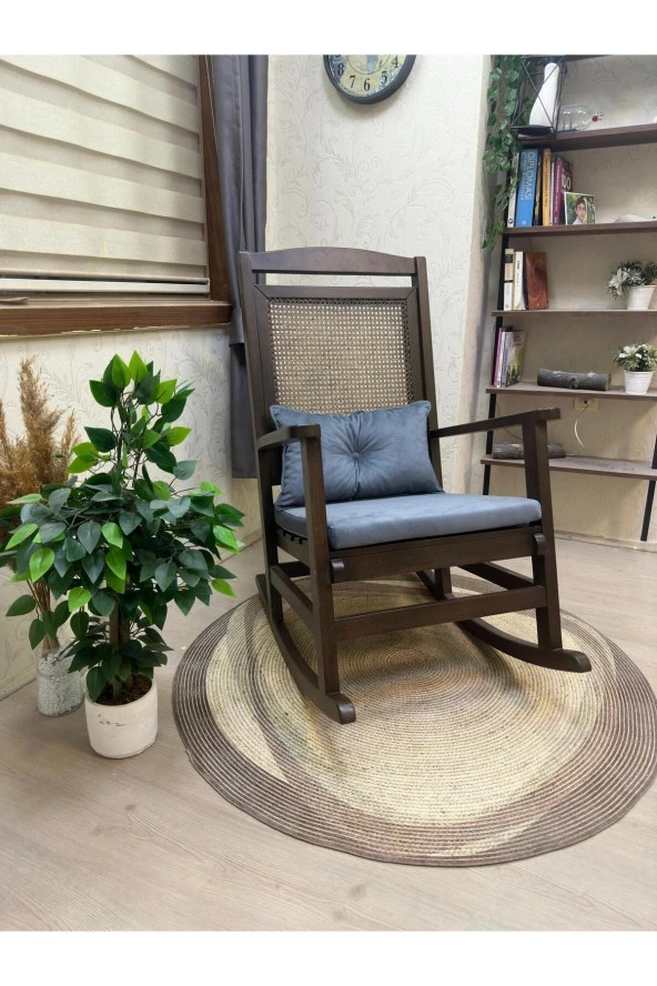 Asedia Veranda Ceviz Antrasit Minderli Hasırlı Sallanan Sandalye Hazeranlı Dinlenme Koltuğu - Resim 4