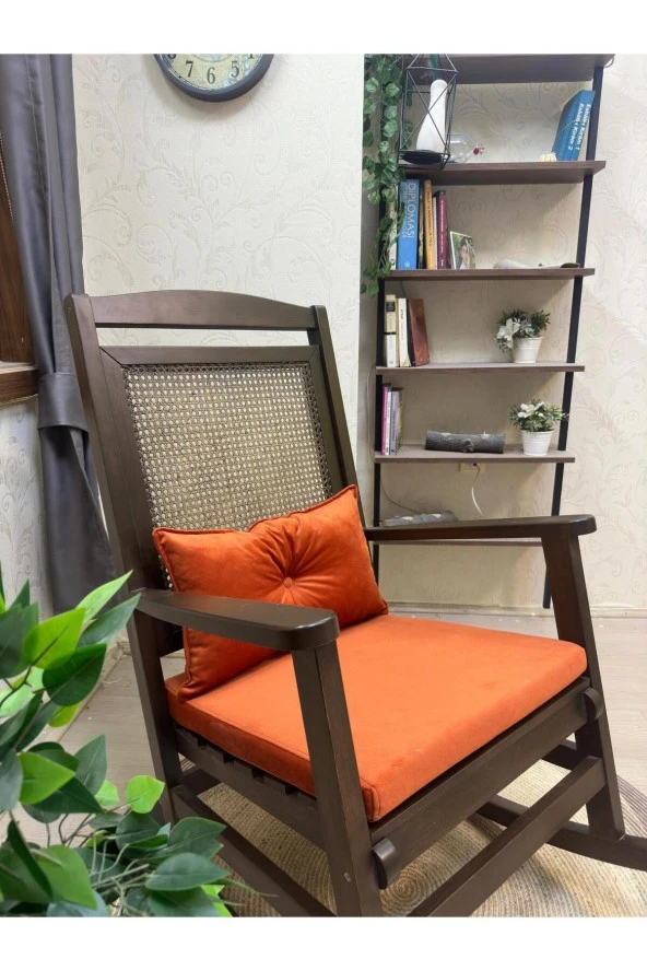 Asedia Veranda Ceviz Turuncu Minderli Hasırlı Sallanan Sandalye Hazeranlı Dinlenme Koltuğu - Resim 3