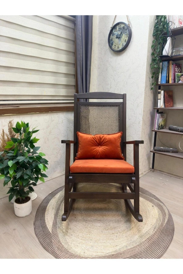 Asedia Veranda Ceviz Turuncu Minderli Hasırlı Sallanan Sandalye Hazeranlı Dinlenme Koltuğu - Resim 4