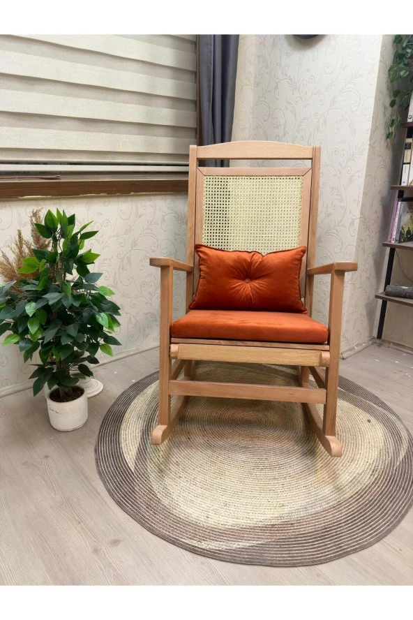 Asedia Veranda Naturel Turuncu Minderli Hasırlı Sallanan Sandalye Hazeranlı Dinlenme Koltuğu - Resim 3