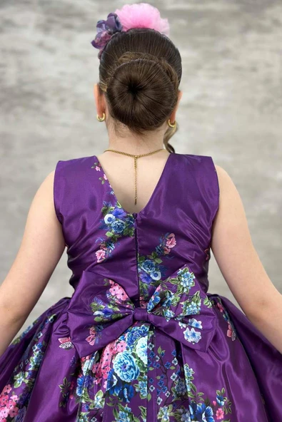 Kız Çocuk Çiçek Desenli Tül Detaylı Kuyruklu Saten Mor Elbise - Resim 7
