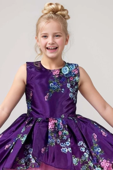 Kız Çocuk Çiçek Desenli Tül Detaylı Kuyruklu Saten Mor Elbise - Resim 2