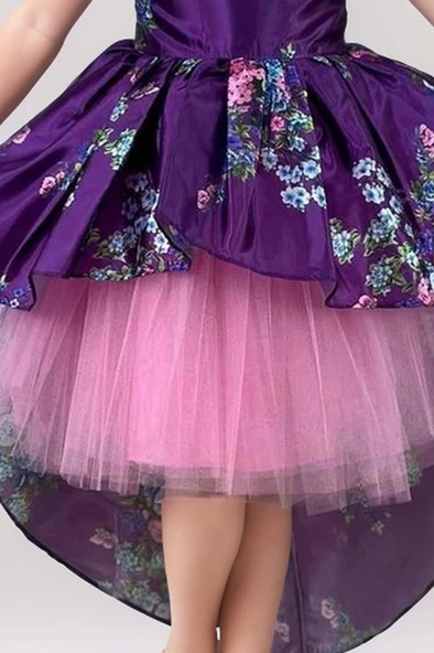 Kız Çocuk Çiçek Desenli Tül Detaylı Kuyruklu Saten Mor Elbise - Resim 3