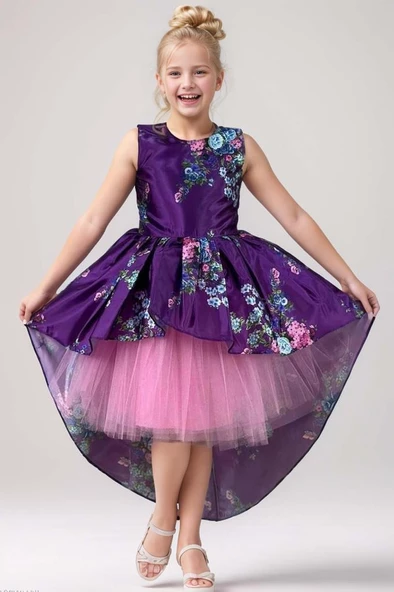 Kız Çocuk Çiçek Desenli Tül Detaylı Kuyruklu Saten Mor Elbise ürün görseli