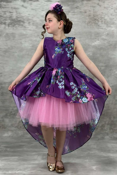 Kız Çocuk Çiçek Desenli Tül Detaylı Kuyruklu Saten Mor Elbise - Resim 6