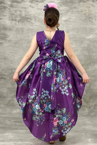 Kız Çocuk Çiçek Desenli Tül Detaylı Kuyruklu Saten Mor Elbise - Resim 5