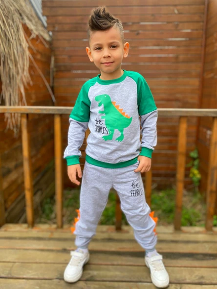 Dinozor Motif İkiiplik Kumaş Çocuk Eşofman MNK0564 - 2