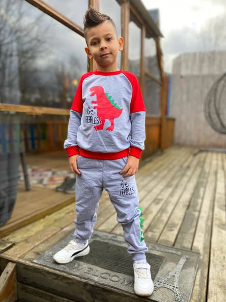 Dinozor Motif İkiiplik Kumaş Çocuk Eşofman MNK0564 - 3