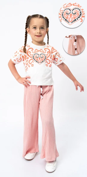 Fitilli Örme Pantolonlu Baskılı Kız Çocuk Takım MNK2120 ürün görseli 1
