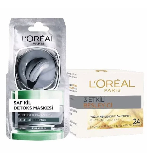 LOreal Paris Nemlendirici Krem 3 Etkili 50 ml ve Yüz Maskesi Saf Kil Tek Kullanımlık Set