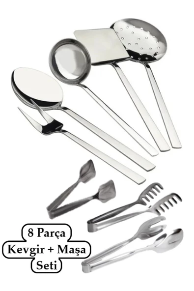 8 Parça Çelik Düz Kevgir + Maşa Seti - Resim 2