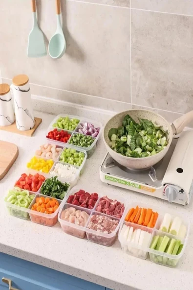 6 Adet Dondurulmuş Mini 4 Bölmeli Öğünlük Sebze Saklama Kabı Et Tavuk Suyu Kıyma Buzluk Organizer - 2