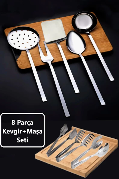 8 Parça Çelik Düz Kevgir + Maşa Seti