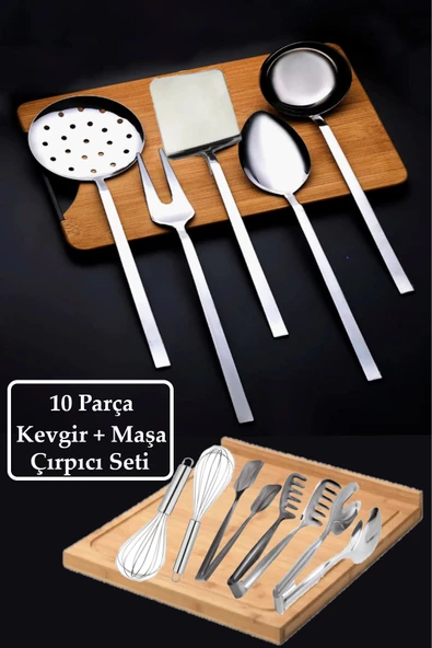 10 Parça Çelik Düz Kevgir + Maşa Çırpıcı Seti ürün görseli