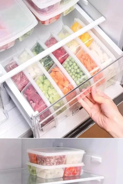 6 Adet Dondurulmuş Mini 4 Bölmeli Öğünlük Sebze Saklama Kabı Et Tavuk Suyu Kıyma Buzluk Organizer - 3