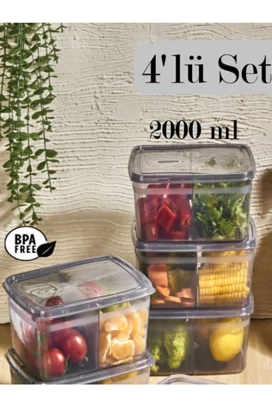 4 Adet Füme Duo 2 Bölmeli Buzdolabı Saklama Kabı - Et Kıyma Sebze Bakliyat Buzluk Saklama Kutusu
