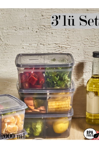 3 Adet Füme Duo 2 Bölmeli Buzdolabı Saklama Kabı - Erzak Kıyma Bakliyat Sebze Saklama Kutusu