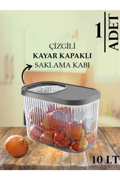 1 Adet Gri 10 Litre Erzak Bakliyat Saklama Kabı-Kayar Kapaklı Deterjan Tablet Saklama Kutusu