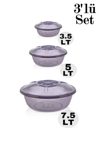 Mrd230 Füme 3'lü Kapaklı Hamur Leğen Seti Plastik Set 3.5 – 5 ve 7 Lt