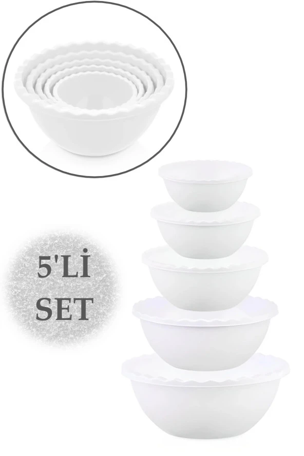 5li Beyaz Yuvarlak Plastik Badya Leğen Seti Kap Kase Seti (0,4/0,5/0,9/1,3/2,1 LİTRE) MRD809