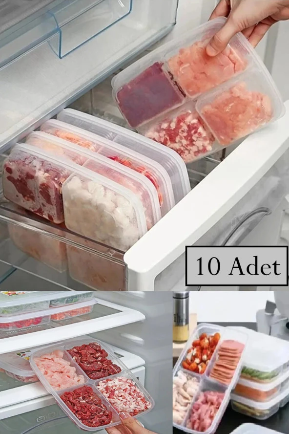 10 Adet Dondurulmuş 4 Bölmeli Öğünlük Et Sebze Saklama Kabı - Kıyma Tavuk Buzluk Organizeri
