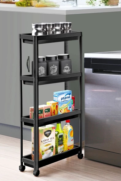 Slim Jade 4 Katlı Siyah Dar Alan Tekerlekli Dikdörtgen Raf Ünitesi Banyo Mutfak Düzenleyici Raf