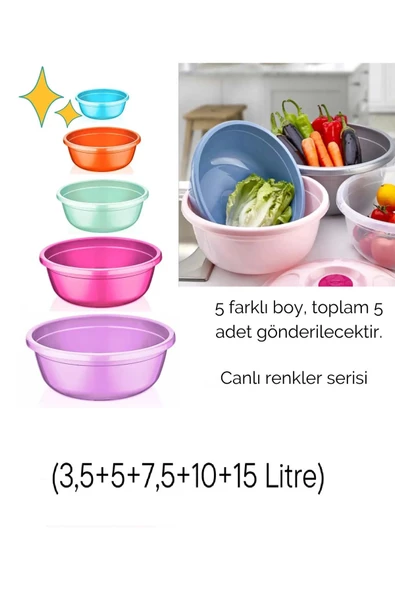 5li Karışık Canlı Renk Plastik Badya Leğen Seti Mutfak Kabı Kase Seti (3,5/5/7,5/10/15 LİTRE)