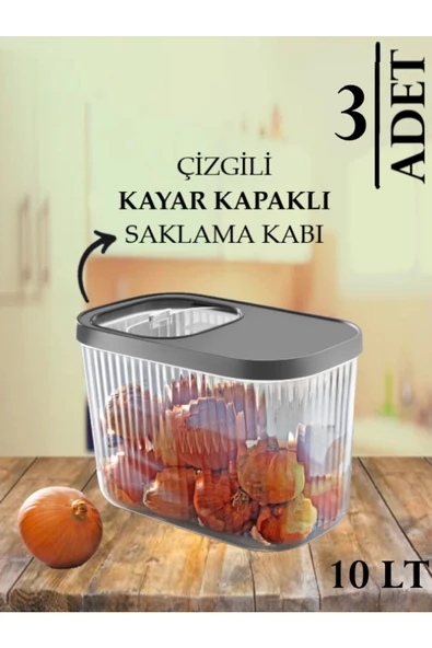3 Adet Gri 10 Litre Erzak Bakliyat Saklama Kabı-Kayar Kapaklı Deterjan Tablet Saklama Kutusu