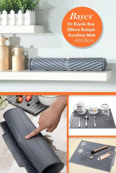 Antrasit Bulaşık Matı Büyük Boy 44 X 33 Cm Silikon Bulaşık Kurutma Matı Bulaşıklık Bulaşık Altlığı - 2