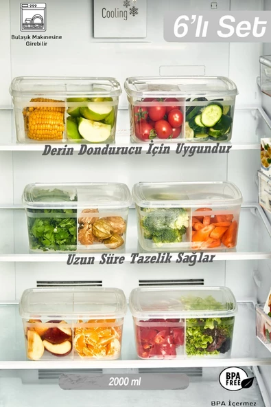 6 Adet DUO Bölmeli Şeffaf 2 LT Buzdolabı Saklama Kabı - Derin Dondurucuya Uygun ürün görseli