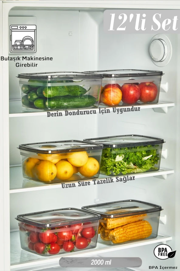 12 Adet Huge Füme 2 LT Buzdolabı Saklama Kabı - Derin Dondurucuya Uygun