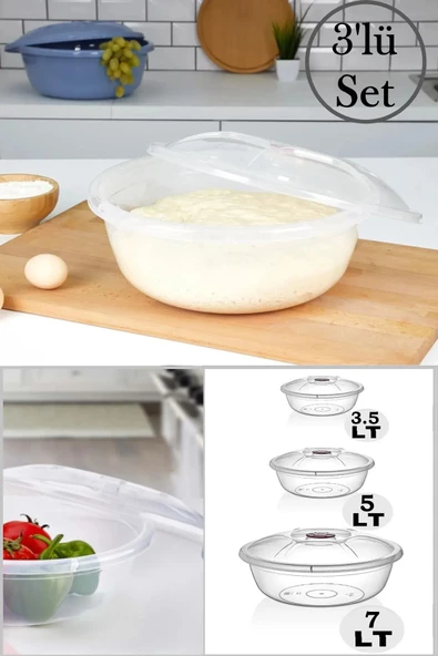 Mrd230 Şeffaf 3'lü Kapaklı Hamur Leğen Seti Plastik Set 3.5 – 5 ve 7 Lt