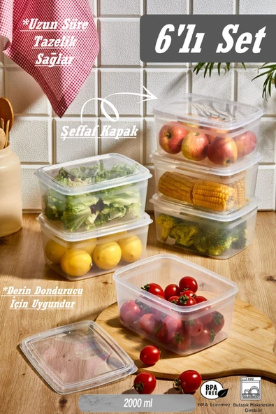 6 Adet Huge 2 Lt Erzak Bakliyat Saklama Kabı Dondurucuya Uygun Kapaklı Sebze Et Buzluk Düzenleyici - Resim 2