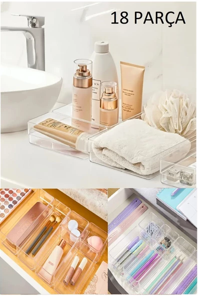 18 Parça Banyo Mutfak Çekmece Içi Düzenleyici Lv 216 (X3) Set Takı Makyaj Kutusu Kalemlik Kaşıklık